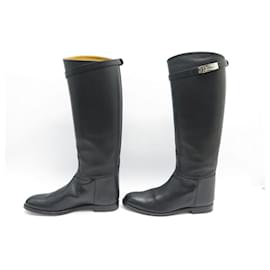 Hermès-HERMES SHOES KELLY BUCKLE JUMPING BOOTS 40.5 BLACK LEATHER SHOES BOOTS-Black