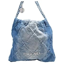 Chanel-SAC A MAIN CHANEL 22 CABAS EN DENIM BLEU BLUE PURSE TOTE HAND BAG PURSE-Bleu