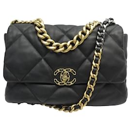 Chanel-CHANEL LARGE HANDBAG 19 IN BLACK LEATHER AS SHOULDER BANDOULIER1161 HAND BAG PURSE-Black
