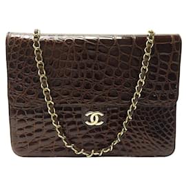 Chanel-VINTAGE CHANEL SIMPLE FLAP TIMELESS HANDBAG IN CROCODILE LEATHER HAND BAG-Brown