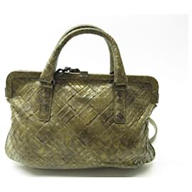 Bottega Veneta-BOTTEGA VENETA PYTHON LEATHER HANDBAG 185886 KHAKI LEATHER HANDBAG-Khaki