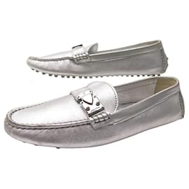 Louis Vuitton-LOUIS VUITTON SHOES LOMBOK MOCCASINS 37 SILVER LEATHER LOAFERS SHOES-Silvery