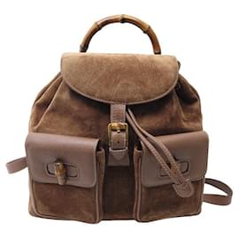 Gucci-VINTAGE GUCCI BAMBOO BACKPACK 003-1998 GRAINED LEATHER & SUEDE BACKPACK BAG-Brown