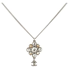 Chanel-NEW CHANEL NECKLACE CRYSTALS AND CC LOGO SILVER METAL SILVERY NECKLACE-Silvery