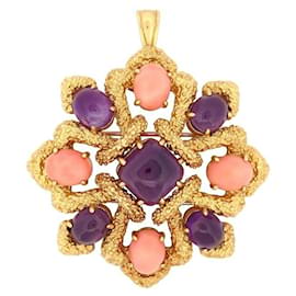 VAN CLEEF & ARPELS DELPHES PENDANT BROOCH 1975 GOLD CORAL & AMETHYST CABOCHONS Golden