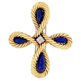 VAN CLEEF & ARPELS BROOCH CROSS PENDANT CABOCHON LAPIS LAZULI DIAMONDS BROOCH Golden