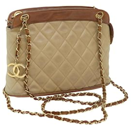 Chanel-CHANEL Matelasse Chain Shoulder Bag Lamb Skin Beige CC Auth 59907A-Beige
