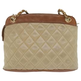 Chanel-CHANEL Matelasse Chain Shoulder Bag Lamb Skin Beige CC Auth 59907A-Beige