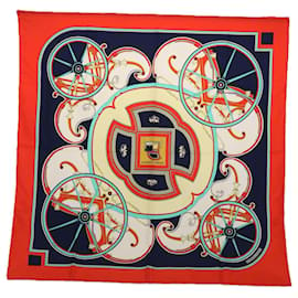 Hermès-HERMES CARRE 90 WASHINGTON'S CARRIAGE Scarf Silk Red Navy Auth 60587-Red,Navy blue