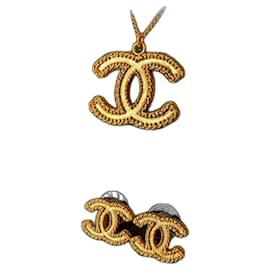 Chanel-CC 12P logo XL Yellow tone GHW earrings necklace set boxes-Yellow