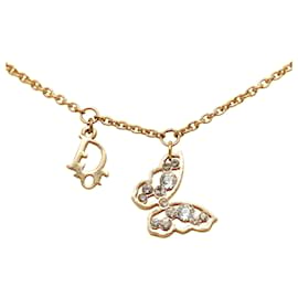 Dior-Dior Gold Rhinestone Butterfly Pendant Necklace-Golden