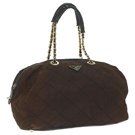 Bolsa Boston PRADA de nylon com corrente, marrom e dourado, autêntica bs10311 Marrom Dourado