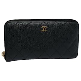 Chanel-CHANEL Carteira Longa Matelasse Caviar Skin Preto CC Auth ep2517-Preto