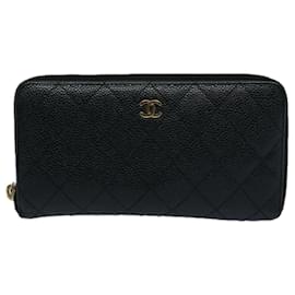 Chanel-CHANEL Matelasse Long Wallet Caviar Skin Black CC Auth ep2517-Black