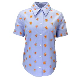 Autre Marque-Duncan Blue / Orange Embellished Short Sleeved Button-down Cotton Shirt-Blue