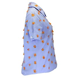 Autre Marque-Duncan Blue / Orange Embellished Short Sleeved Button-down Cotton Shirt-Blue
