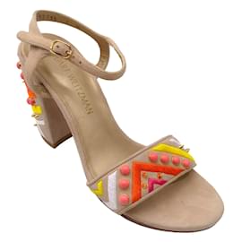 Autre Marque-Stuart Weitzman Beige Multi Embellished Suede Ankle Strap Sandals-Multiple colors