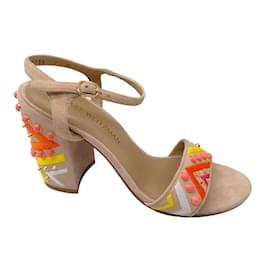 Autre Marque-Stuart Weitzman Beige Multi Embellished Suede Ankle Strap Sandals-Multiple colors