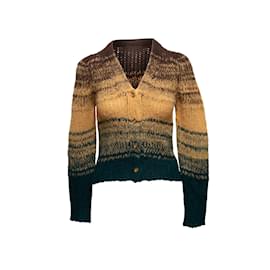 Hellbrauner und mehrfarbiger gestreifter Cardigan aus Baby-Alpaka von Ulla Johnson, Größe US XS Kamel