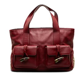 Burberry-Red Burberry Leather Horn Toggle Tote Bag-Red