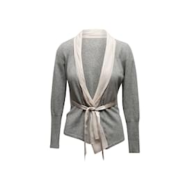 Brunello Cucinelli-Grey & White Brunello Cucinelli Cashmere Silk-Trimmed Cardigan Size US XS-Grey