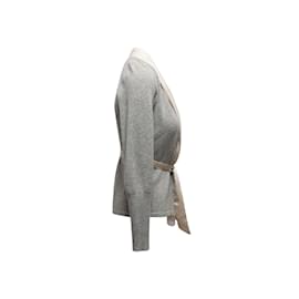 Brunello Cucinelli-Cardigan Brunello Cucinelli in cashmere con rifiniture in seta grigio e bianco taglia US XS-Grigio
