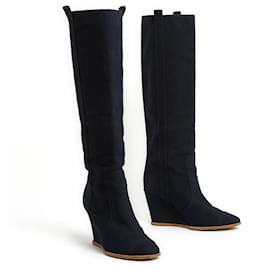Chanel-Navy Denim Wedge Heel Boots EU39-Navy blue