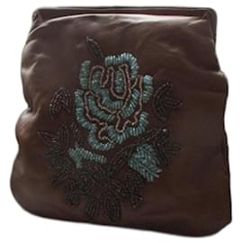 Miss June-Leather pouch,embroidered beads.-Camel