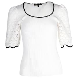 Maje-Maje Menta Crochet Sleeve Rib-Knit Top in White Viscose-White
