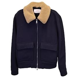 Autre Marque-Mr. P. Shearling-Trimmed Boiled Blouson Jacket in Navy Blue Wool-Blue,Navy blue