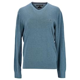 Tommy Hilfiger-Jersey de algodón de lujo con cuello en V para hombre-Azul