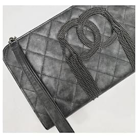 Chanel-Chanel Bolso de mano CC con cadena de piel de becerro acolchada metalizada-Negro
