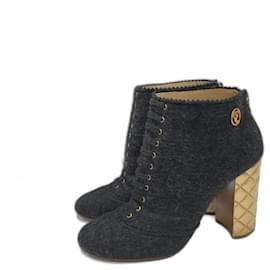 Chanel-CHANEL Paris-Salzburg Grey Wool Quilted Gold Heeled Ankle Boots-Dark grey