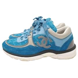 Chanel-Chanel Turquoise Suede Reflective CC Logo Lace Up Sneakers-Blue