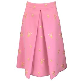 Moschino Couture Rose / vert 2020 Jupe midi trapèze en crêpe brodée de fleurs Rose
