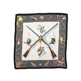 Hermès-Grey & Multicolor Hermes Les Fusils Motif Printed Silk Scarf-Grey