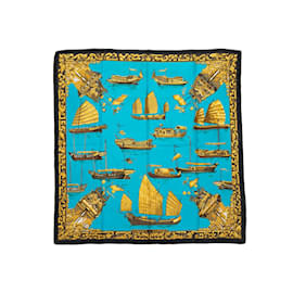Hermès-Teal & Gold Hermes Jonques et Sampans Motif Printed Silk Scarf-Golden