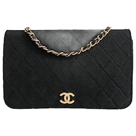 Chanel-Sac bandoulière Chanel Matelassè à rabat simple en coton noir-Noir