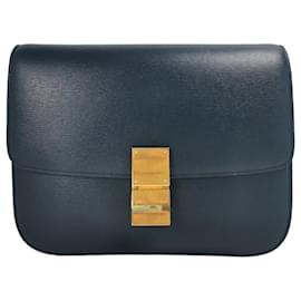 Céline-Celine Classic Box Medium Navy Blue Calfskin-Blue,Navy blue