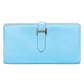 Hermès-Hermes Blue Leather Bifold Long Wallet-Blue