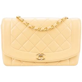 Chanel-Cuir d'agneau matelassé Chanel 24Sac bandoulière à rabat unique K Gold Diana-Beige