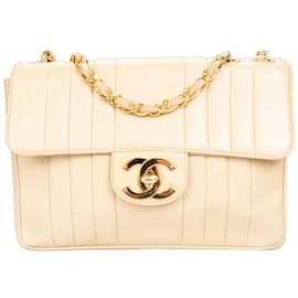 Chanel-Chanel gestepptes Lammleder 24K Gold Single Flap Jumbo Umhängetasche-Beige