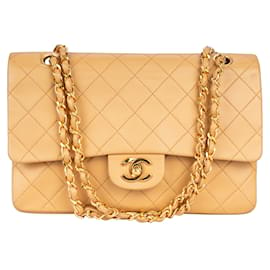 Chanel-Chanel Quilted Lambskin Double Flap Bag Medium-Beige