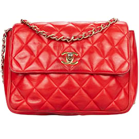 Chanel-Chanel Bolsa Crossbody Acolchoada em Pele de Cordeiro com Aba Única-Vermelho