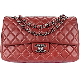 Chanel-Chanel Quilted Lambskin Silver Hardware Medium Crossbody Double Flap Bag-Dark red