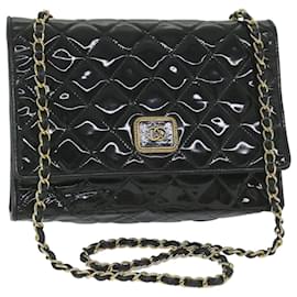 Chanel-CHANEL Matelasse Bolso de hombro con cadena Charol Negro CC Auth bs10520-Negro