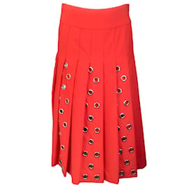 Autre Marque-Duncan Red / Silver Grommet Detail Pleated Wool Midi Skirt-Red