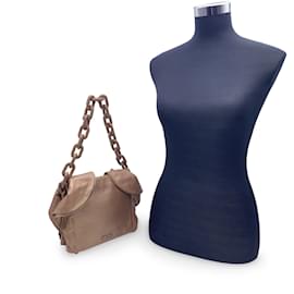 Prada-Beige Metallic Leather Ruffle Shoulder Bag Lucite Chain Strap-Golden