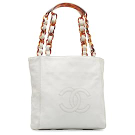 Chanel-Chanel White CC Lambskin Tote Bag-White