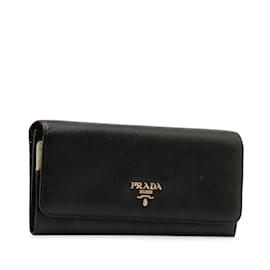 Prada-Prada Saffiano Continental Flap Wallet Lange Geldbörse aus Leder 1M1132 in gutem Zustand-Schwarz